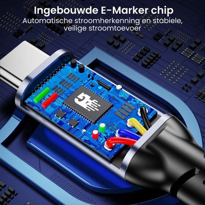 Close-up van een USB-C-kabel met ingebouwde E-Marker chip en gekleurde draden zichtbaar