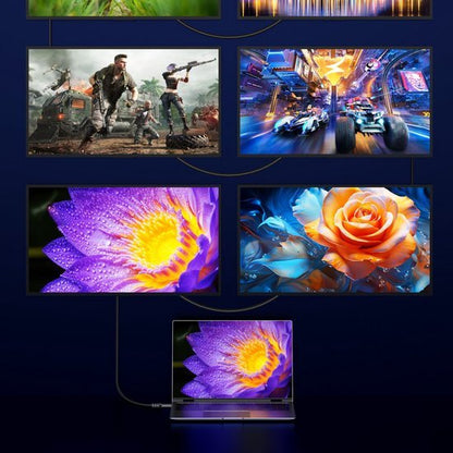 Meerdere schermen met kleurrijke beelden van bloemen, actie en racewagens verbonden aan laptop