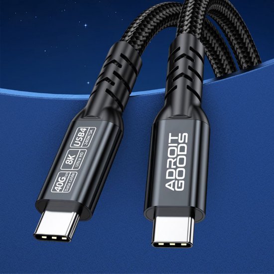 Duurzame zwarte gevlochten USB-C kabel met USB4 40Gbps en 8K video ondersteuning