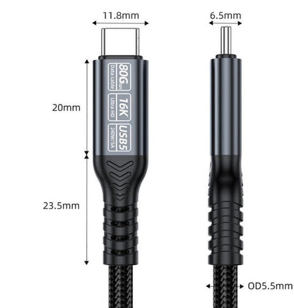 Zwarte kabel met USB-C connector en afmetingen, inclusief gevlochten buitenmantel.