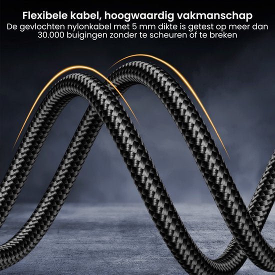 Flexibele gevlochten nylonkabel van 5 mm dikte, getest op meer dan 30.000 buigingen zonder breuk.