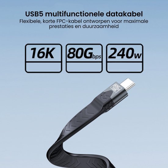 Zwarte flexibele USB5-kabel met hoge snelheid en groot vermogen voor datatransfer en opladen
