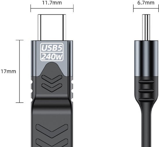 Zwarte USB5 kabel met 240W vermogen en afmetingen 17mm bij 11,7mm en 6,7mm breedte.