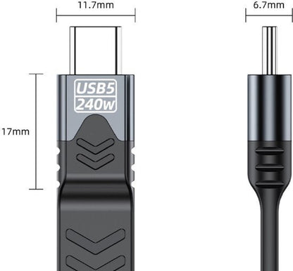 Zwarte USB5 kabel met 240W vermogen en afmetingen 17mm bij 11,7mm en 6,7mm breedte.