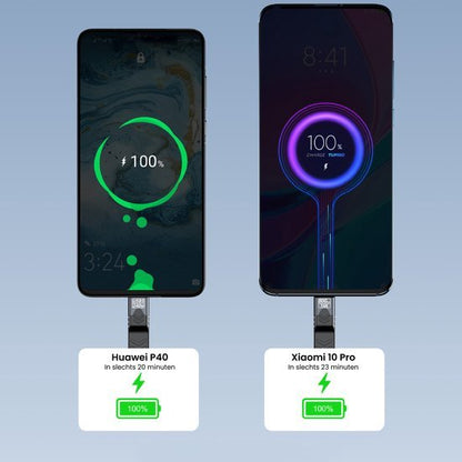 Twee smartphones die volledig zijn opgeladen met laadtijdindicaties van 20 en 23 minuten.