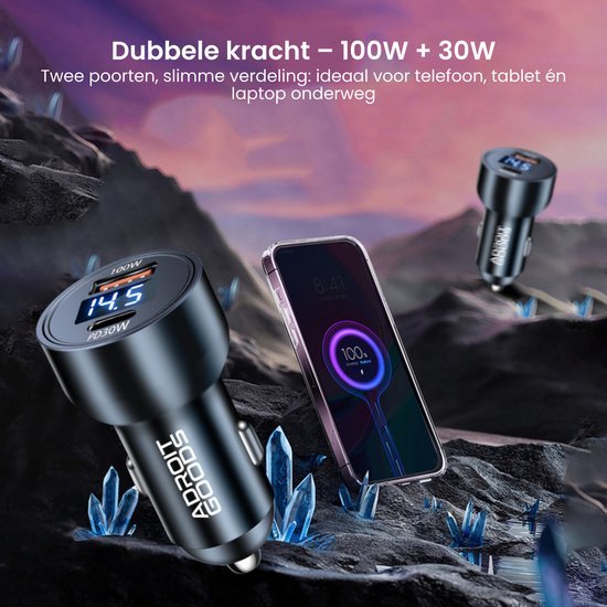 Zwarte dubbele USB-autolader met digitaal display, geschikt voor telefoon en laptop opladen