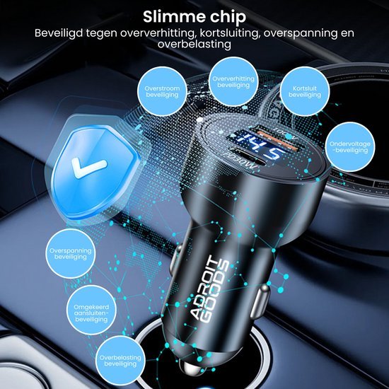 Auto oplader met slimme chip en meerdere beveiligingen tegen oververhitting en kortsluiting