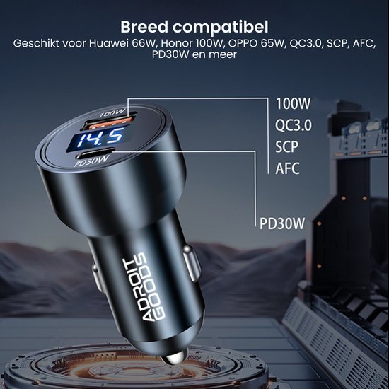 Zwarte autolader met digitaal display en compatibiliteit voor verschillende snellaadprotocollen