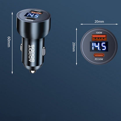 Zwarte autolader met twee USB-poorten en een digitaal spanningsdisplay van AdroitGoods