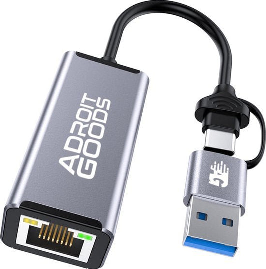 Grijze AdroitGoods USB 3.0 naar Ethernet adapter met korte kabel en beschermkapje