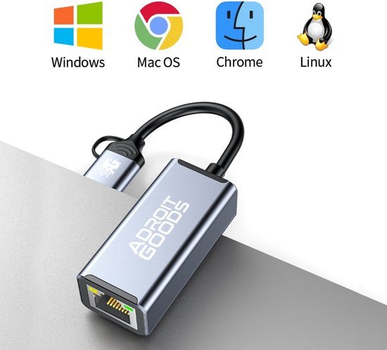 Adapter met Ethernet-poort en USB-C aansluiting geschikt voor meerdere besturingssystemen