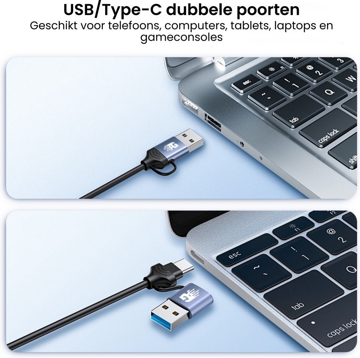 USB en Type-C kabel met dubbele poorten aangesloten op laptop voor gegevensoverdracht