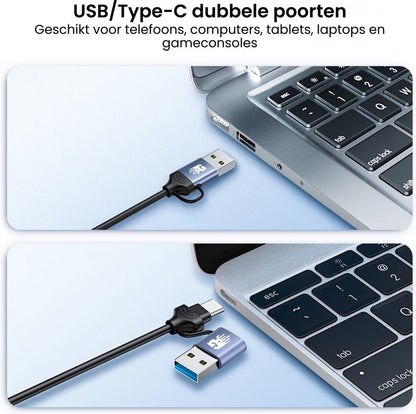USB en Type-C kabel met dubbele poorten aangesloten op laptop voor gegevensoverdracht