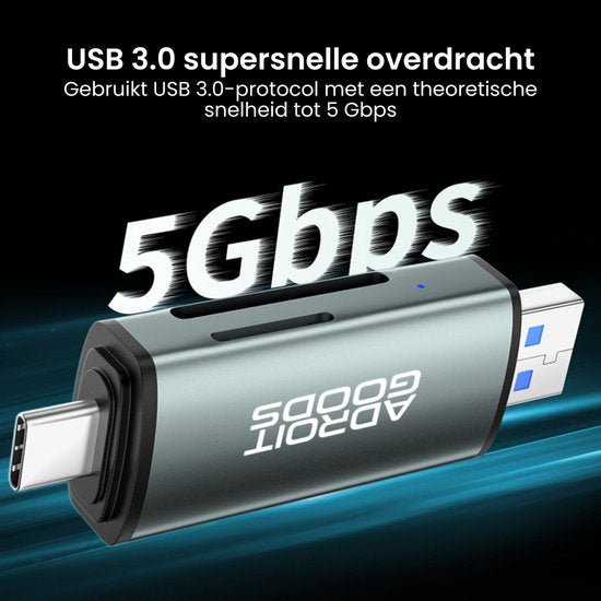 Close-up van USB 3.0 adapter met supersnelle 5 Gbps overdracht en USB-C en USB-A aansluitingen.