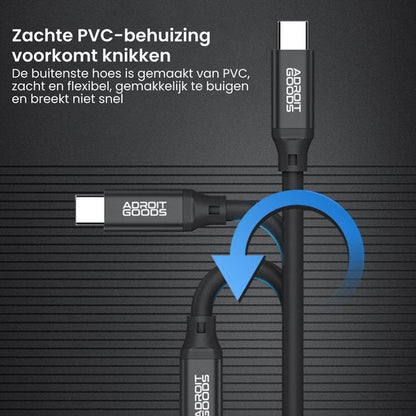 Zwarte USB-C kabel met zachte flexibele PVC-behuizing voorkomt knikken en breken.