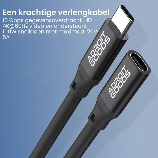 Zwarte AdroitGoods USB-C verlengkabel met hoge snelheid en ondersteuning voor 4K video.