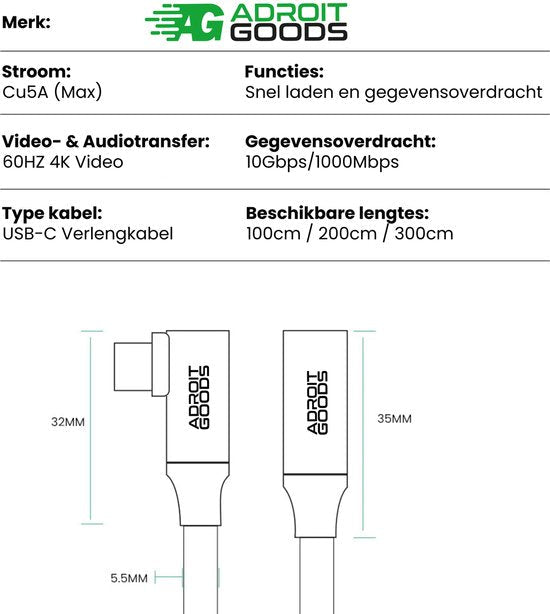 Technische specificaties van AdroitGoods USB-C verlengkabel met afmetingen en functies.