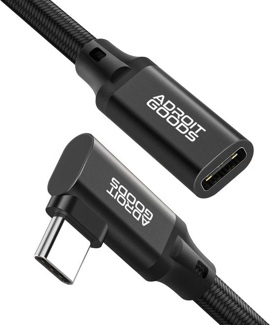 Zwarte AdroitGoods USB-C verlengkabel met hoekconnector en geweven kabelomhulsel