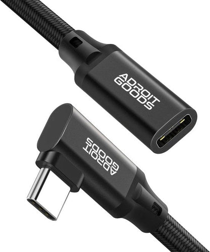Zwarte AdroitGoods USB-C verlengkabel met hoekconnector en geweven kabelomhulsel