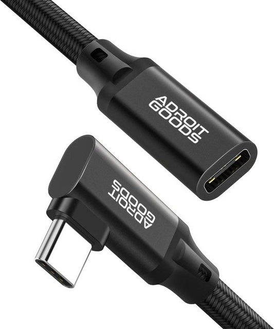 Zwarte AdroitGoods USB-C verlengkabel met hoekconnector en geweven kabelomhulsel