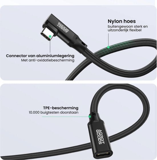 Zwarte nylon oplaadkabel met aluminium connector en TPE-bescherming voor duurzaamheid.