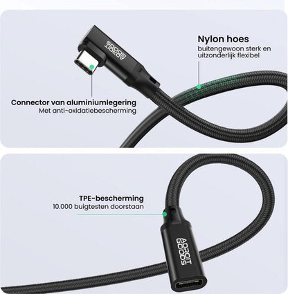 Zwarte nylon oplaadkabel met aluminium connector en TPE-bescherming voor duurzaamheid.