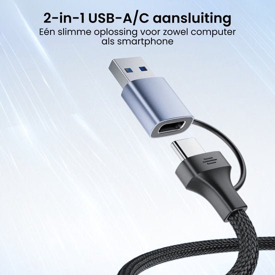 USB-kabel met 2-in-1 USB-A en USB-C aansluiting voor computer en smartphone gebruik