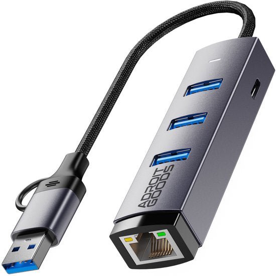 grijze usb-hub met drie usb-poorten en ethernetpoort aan kabel met usb-a connector