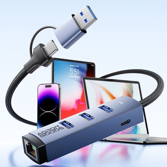 Blauwe USB-hub met meerdere poorten en een netwerkpoort, verbonden met apparaten