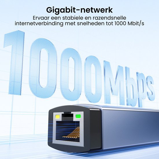 Gigabit-netwerk met snelle internetverbinding tot 1000 Mbit/s en netwerkconnector detail.