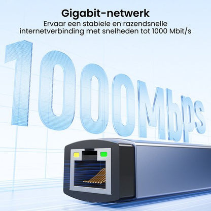 Gigabit-netwerk met snelle internetverbinding tot 1000 Mbit/s en netwerkconnector detail.