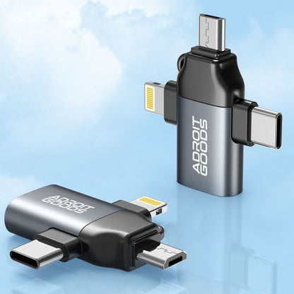 Adapter met meerdere connectors in zwart met zilver en merknaam Adroit Goods zichtbaar