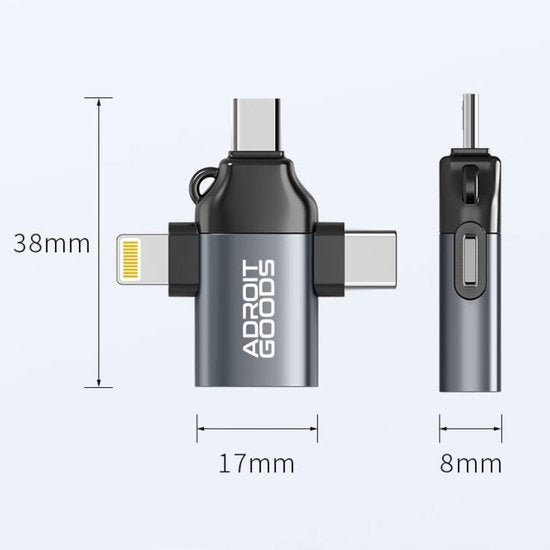 compact adapter met meerdere aansluitingen en afmetingen voor diverse apparaten
