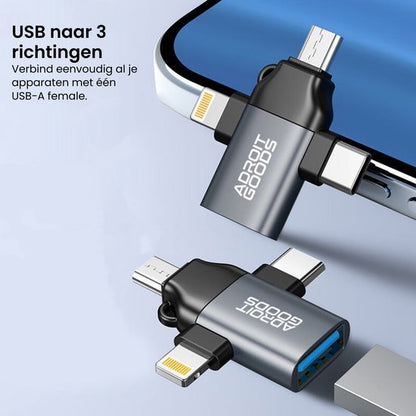 Compact USB-adapter met drie aansluitingen voor verschillende apparaten, in grijze kleur