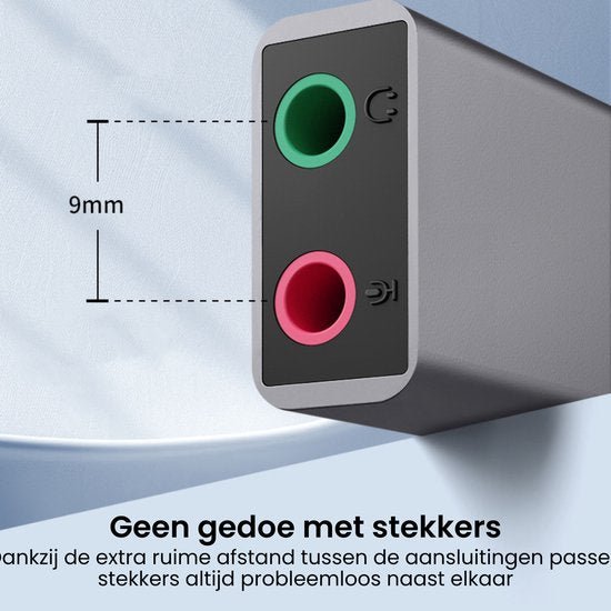 Detail van een apparaat met twee ronde aansluitingen op 9 mm afstand van elkaar.