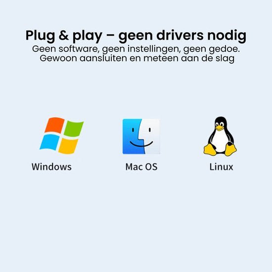 Plug & play zonder drivers, direct aansluiten op Windows, Mac OS en Linux systemen