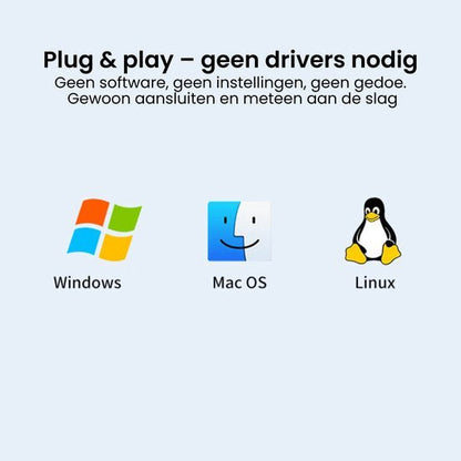 Plug & play zonder drivers, direct aansluiten op Windows, Mac OS en Linux systemen