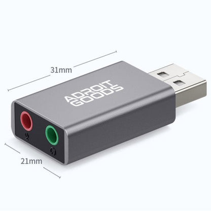 Compact grijs USB-apparaat met twee audio-ingangen, afmetingen 31 bij 21 mm