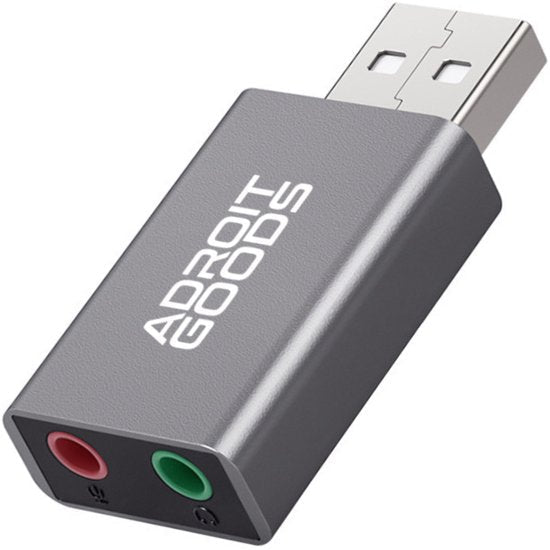 USB-adapter met koptelefoon- en microfoonaansluiting in een grijze behuizing van AdroitGoods