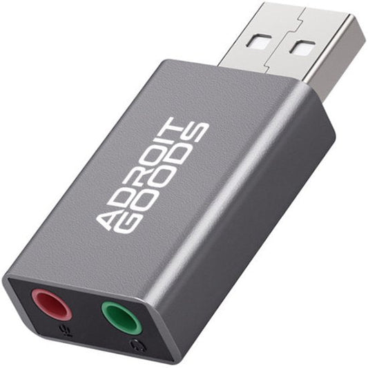 USB-adapter met koptelefoon- en microfoonaansluiting in een grijze behuizing van AdroitGoods