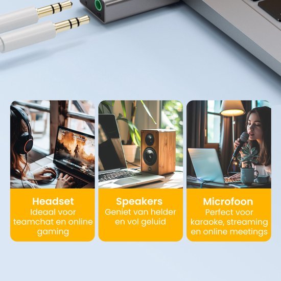 Drie afbeeldingen van headset, houten luidsprekers en vrouw met microfoon bij laptop