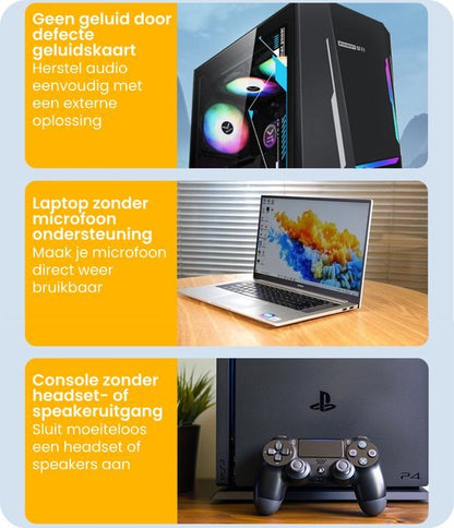 Drie afbeeldingen met pc, laptop en gameconsole en uitleg over audio- en microfoonproblemen oplossen.
