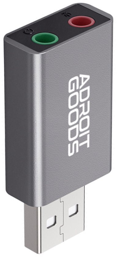 compact grijze usb-geluidsadapter met koptelefoon- en microfoonaansluiting, AdroitGoods branding