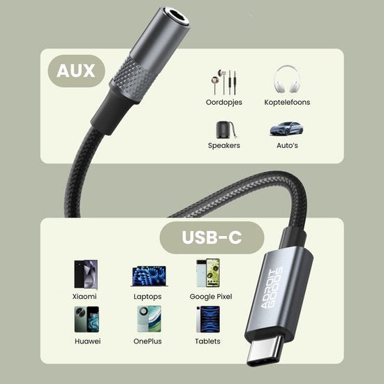 Zwart AUX naar USB-C kabel geschikt voor hoofdtelefoons en diverse USB-C apparaten zoals smartphones en laptops