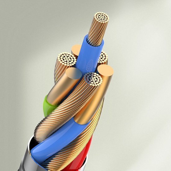 close-up van diverse koperen draadkabels met kleurrijke isolatie in professionele stijl