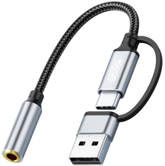 Adapterkabel met USB en USB-C connector en 3,5 mm audiopoort in grijs en zwart