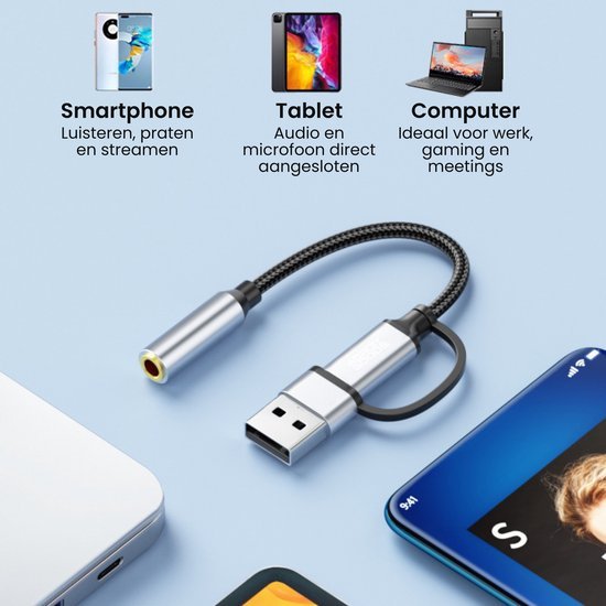 USB adapterkabel met 3,5 mm audio aansluiting geschikt voor smartphone, tablet en computergebruik
