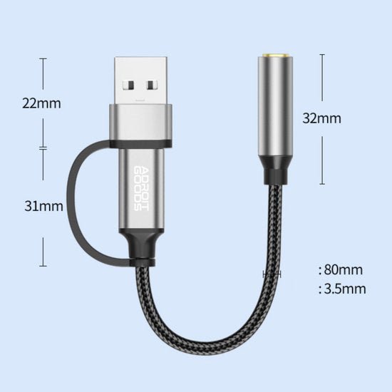 zwarte gevlochten kabel met usb en 3,5 mm audio aansluiting met afmetingen in millimeters