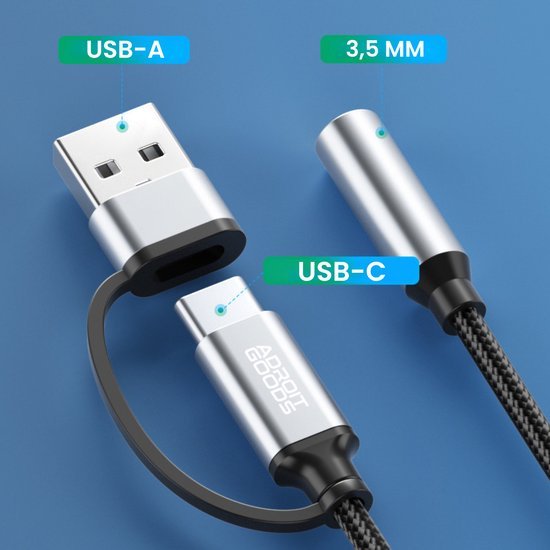 USB-A naar USB-C en 3,5 mm audioadapter met gevlochten kabel in zilverkleurige behuizing