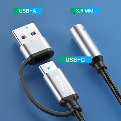 USB-A naar USB-C en 3,5 mm audioadapter met gevlochten kabel in zilverkleurige behuizing